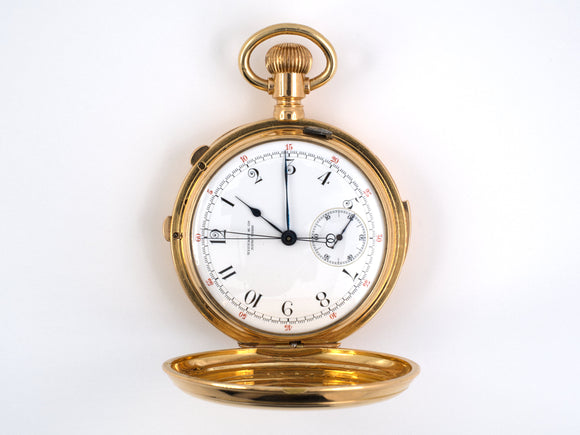 61114 - Circa 1900 Patek Philippe Tiffany Gold Repeater Split Second Chronograph Stop Watch Pocket Watch