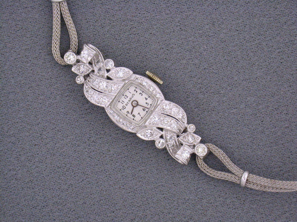 61132 - Circa 1950s Benrus Platinum Diamond Mesh Cord Attachment Swiss Watch