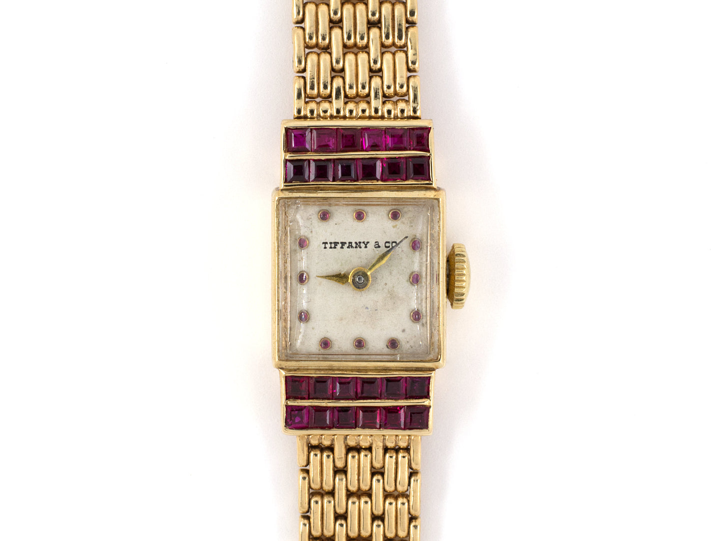 61214 - SOLD - Circa 1950s Tiffany Movado Gold Ruby Square Watch