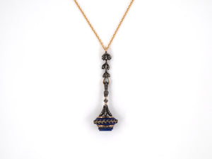 61357 - Victorian Gold Silver Diamond Lapis French Drop Pocket Watch Fob Pendant Necklace