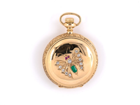 61365 - Circa 1900 Lady Waltham American Waltham Watch Co Gold Diamond Emerald Ruby Butterfly Design Pendant Watch