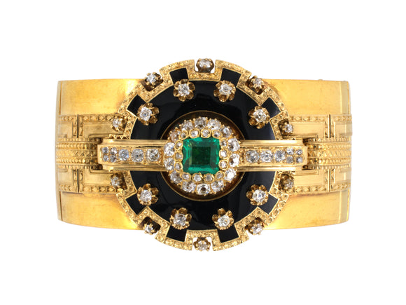 71191 - SOLD - Victorian Circa 1860 Gold Diamond Emerald Bangle Bracelet