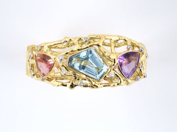 71560 - SOLD - Gold Diamond Topaz Tourmaline Amethyst Open Bangle Bracelet
