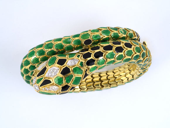 71771 - SOLD - Circa1960 Gold Diamond Enamel Snake Bracelet