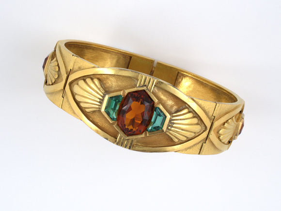 71772 - Art Deco Egyptian Revival Manz Gold Citrine Tourmaline Double Hinged Bangle Bracelet