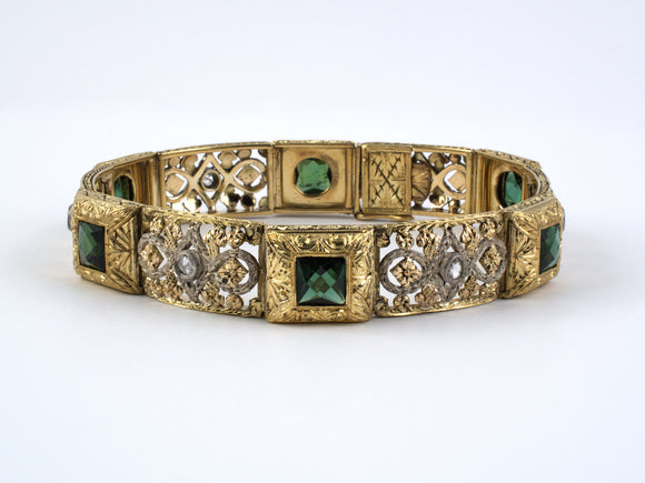 71774 - Victorian Manz Gold Silver Green Tourmaline Diamond Floral Open Work  Bracelet