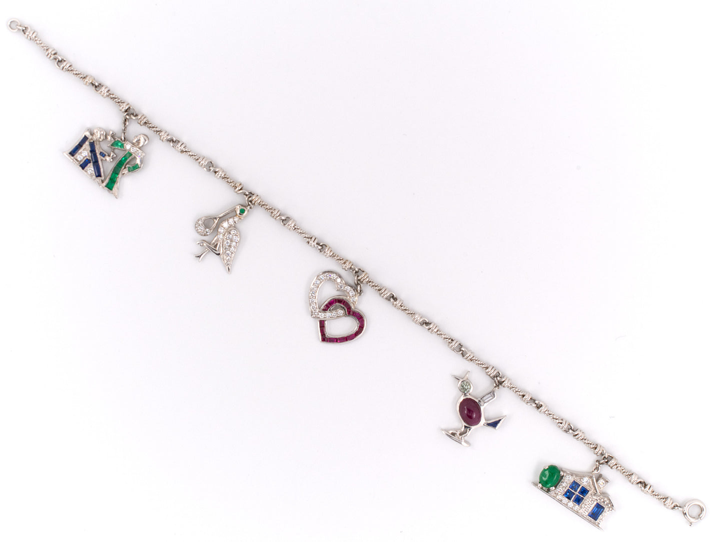72087 - Platinum Gold Diamond Emerald Ruby Sapphire Charm Bracelet