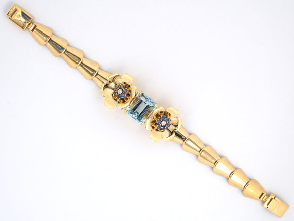 72446 - SOLD - Retro Wordley Allsopp Bliss Gold Aquamarine Sapphire Diamond Bracelet