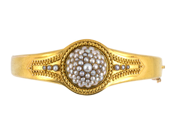 72455 - Victorian Etruscan-Revival Gold1/2-Pearl Hinged Bangle Bracelet