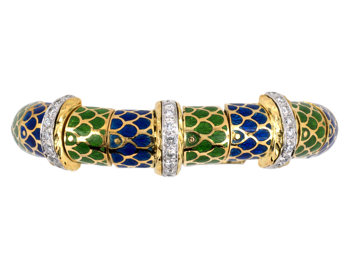 TEN.×CLANE TOWER UP BANGLE 72589 - Platinum Diamond Blue Green Enamel Bangle Bracelet