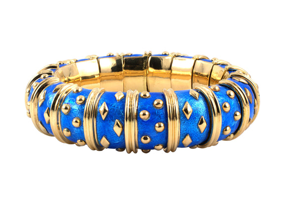 72613 - SOLD - Circa 1965 Schlumberger Gold Blue Enamel  Dot Losange Bangle Bracelet