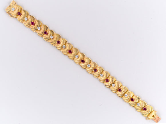 72621 - Circa 1955 Van Cleef & Arpels Platinum Gold Ruby Diamond French Link Bracelet