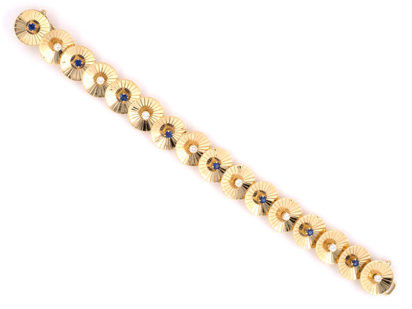 72661 - Circa 1950 Gold Sapphire Diamond Grooved Circle Bracelet