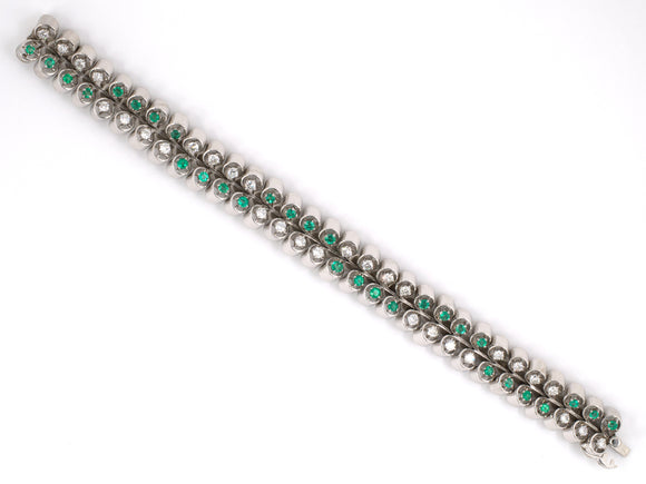 72670 - Circa 1950 French Platinum Diamond Emerald  Bracelet