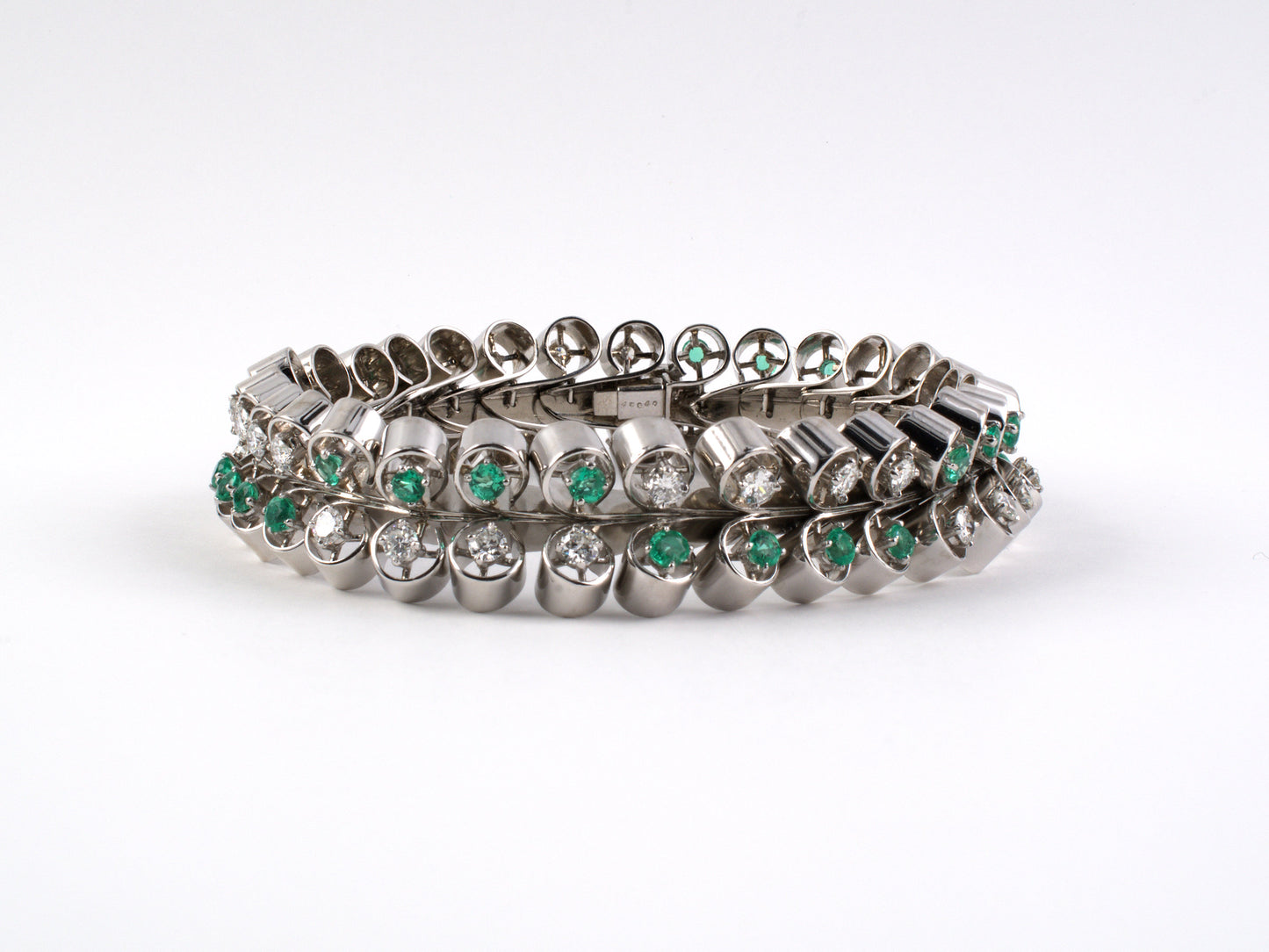 72670 - Circa 1950 French Platinum Diamond Emerald Bracelet
