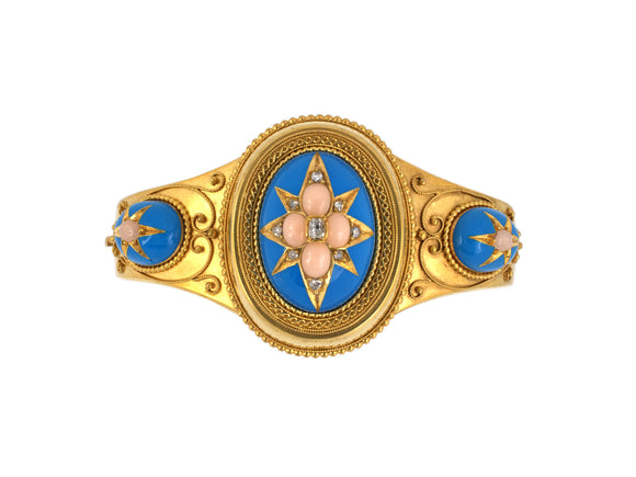 72736 - Victorian Etruscan Revival Gold Diamond Coral Enamel Bangle Bracelet