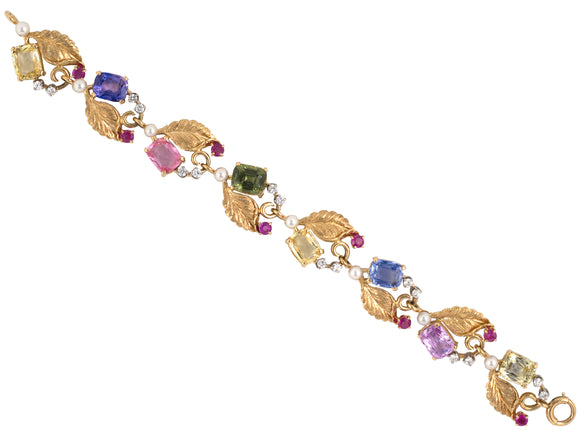 72777 - Retro Tiffany Gold Sapphire Padparadscha Diamond Ruby Pearl Leaf Bracelet