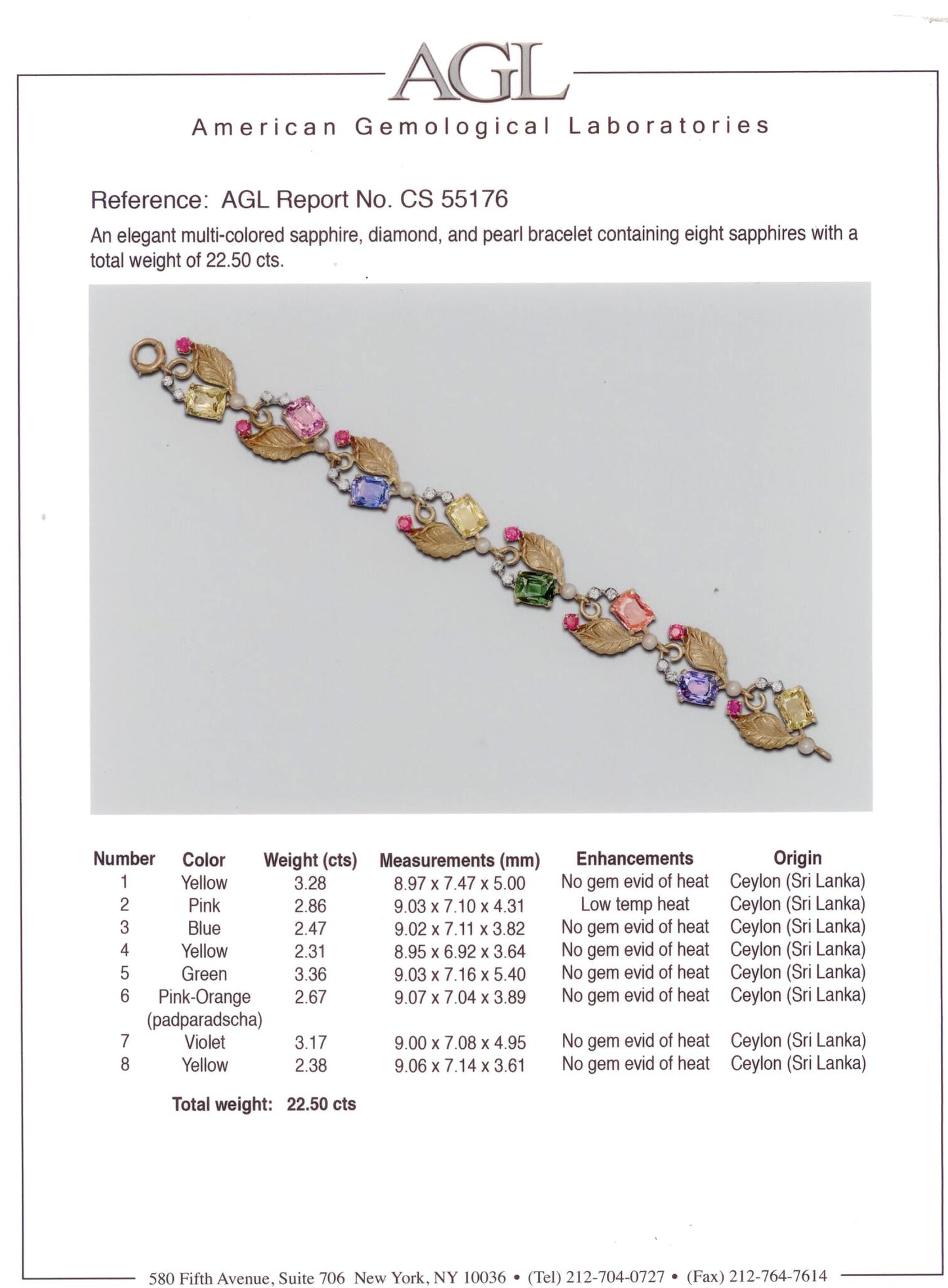 72777 - Retro Tiffany Gold Sapphire Padparadscha Diamond Ruby Pearl Leaf Bracelet