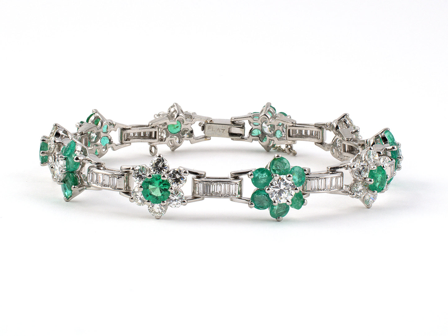 72852 - Circa1970s Platinum Diamond Emerald Floral Bracelet