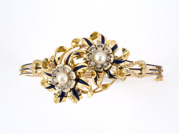 72869 - Gold Diamond Pearl Enamel Bangle Bracelet