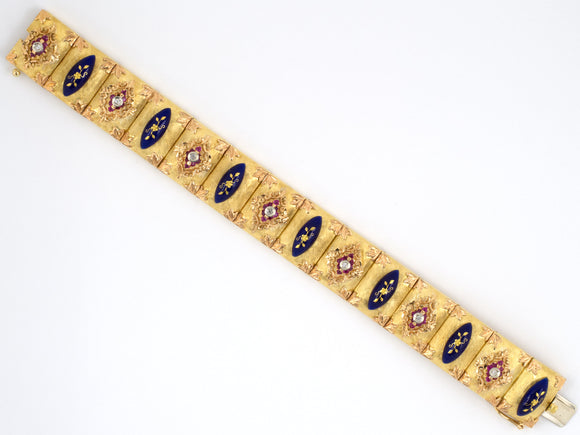 72963 - Gold Tri-color Diamond Ruby Enamel Italy Link Wide Bracelet