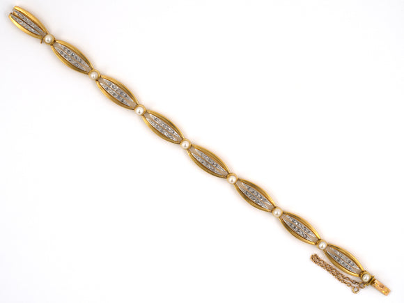 72968 - SOLD - Art Nouveau Gold Diamond Natural Pearl Oval Bracelet