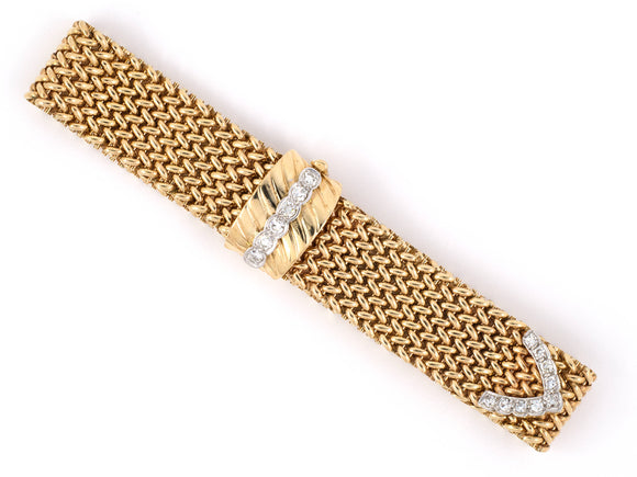 72989 - Circa 1950 Gold Diamond Mesh Buckle Bracelet
