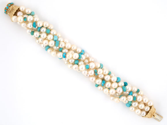 73024 - Gold Akoya Pearl Turquoise Bead Torsade Bracelet