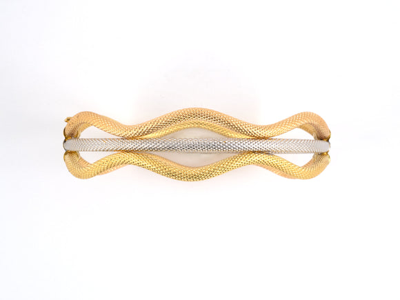 73106 - Gold Tri Color Textured 3 Row Swirl Figure 8 Bangle Bracelet