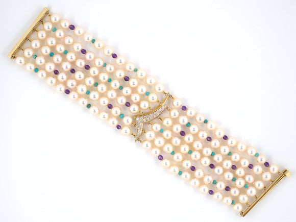73147 - Gold Diamond Pearl Amethyst Turquoise Bead Bracelet