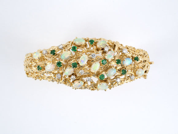 73159 - Circa 1970 Gold Opal Diamond Emerald Bamboo Bangle