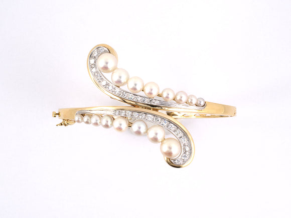 73184 - SOLD - Circa 1970 Gold Pearl Diamond Swirl By Pass Bangle Bracelet