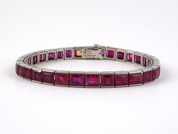 73218 - Art Deco Tiffany Platinum AGL Burma Ruby Chased Line Bracelet