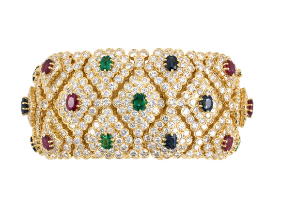 73223 - SOLD - Circa 1983 Hammerman Bros Gold Diamond Ruby Sapphire Emerald Bracelet