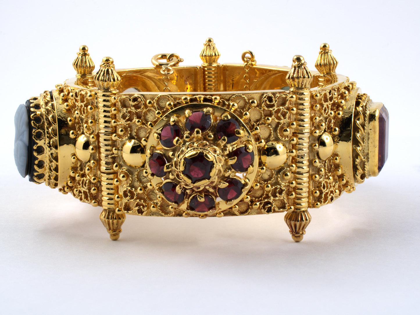 73236 - SOLD - Gold Jadeite Amethyst Garnet Cameo Panel Bracelet