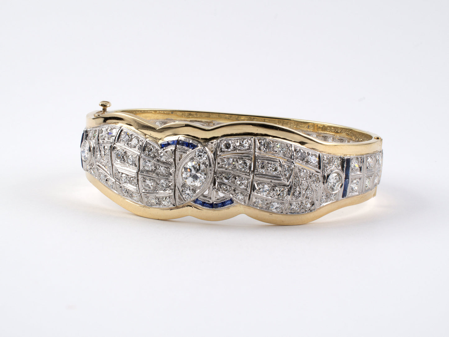 73344 - Art Deco Platinum Gold Diamond Synthetic Sapphire Eternity Bangle Bracelet