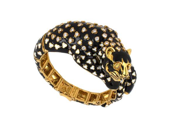 73356 - SOLD - Webb Circa 1960s Gold Diamond Enamel Panther Bracelet