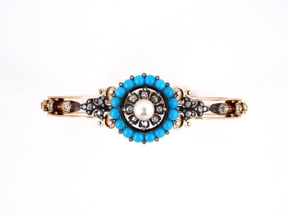 73374 - SOLD - Victorian Gold Silver Pearl Turquoise Diamond Bangle Bracelet