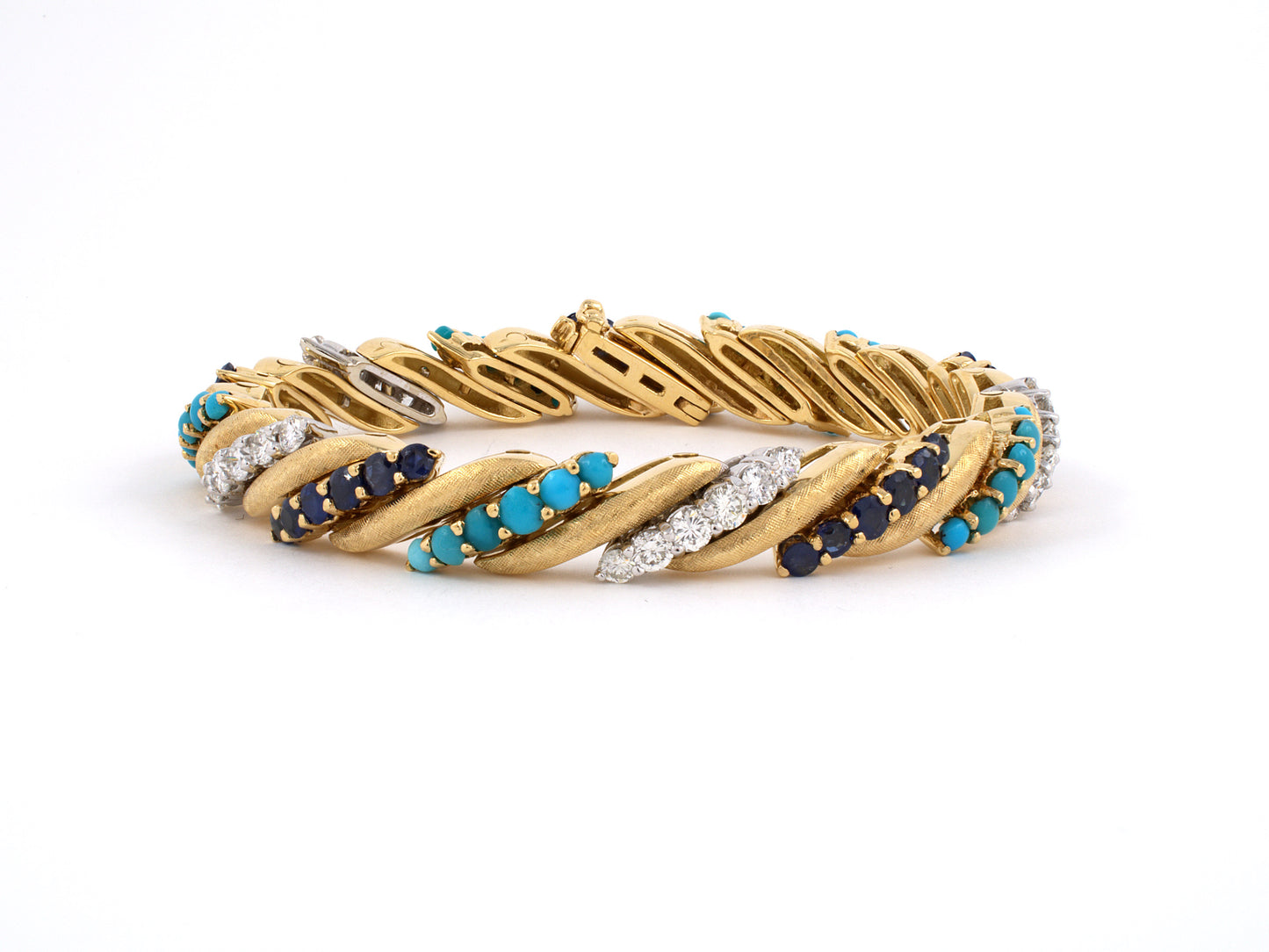73381 - SOLD - Gold Diamond Turquoise & Sapphire Barber Pole Bracelet