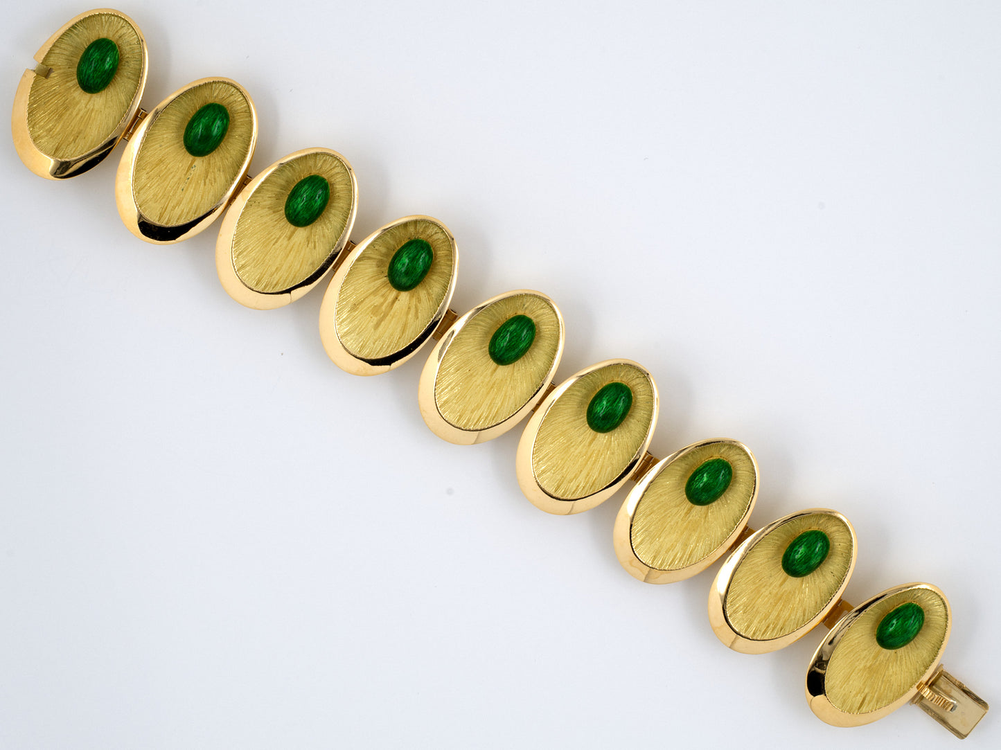 73404 - SOLD - Circa 1970 Gold French Green Enamel Textured Oval Link Bracelet