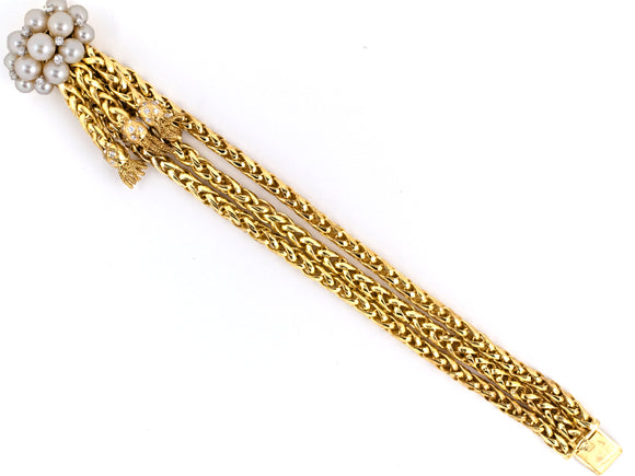 73470 - Platinum Gold Cluster Pearl Diamond 3-Row Tassels Bracelet