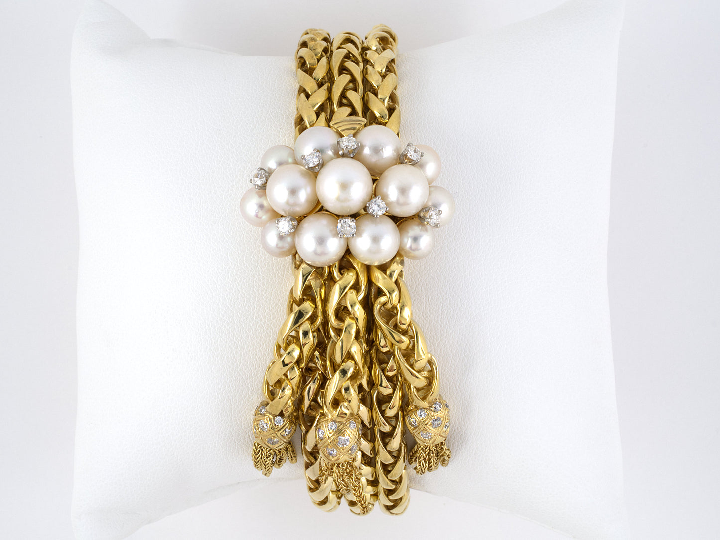 73470 - Platinum Gold Cluster Pearl Diamond 3-Row Tassels Bracelet