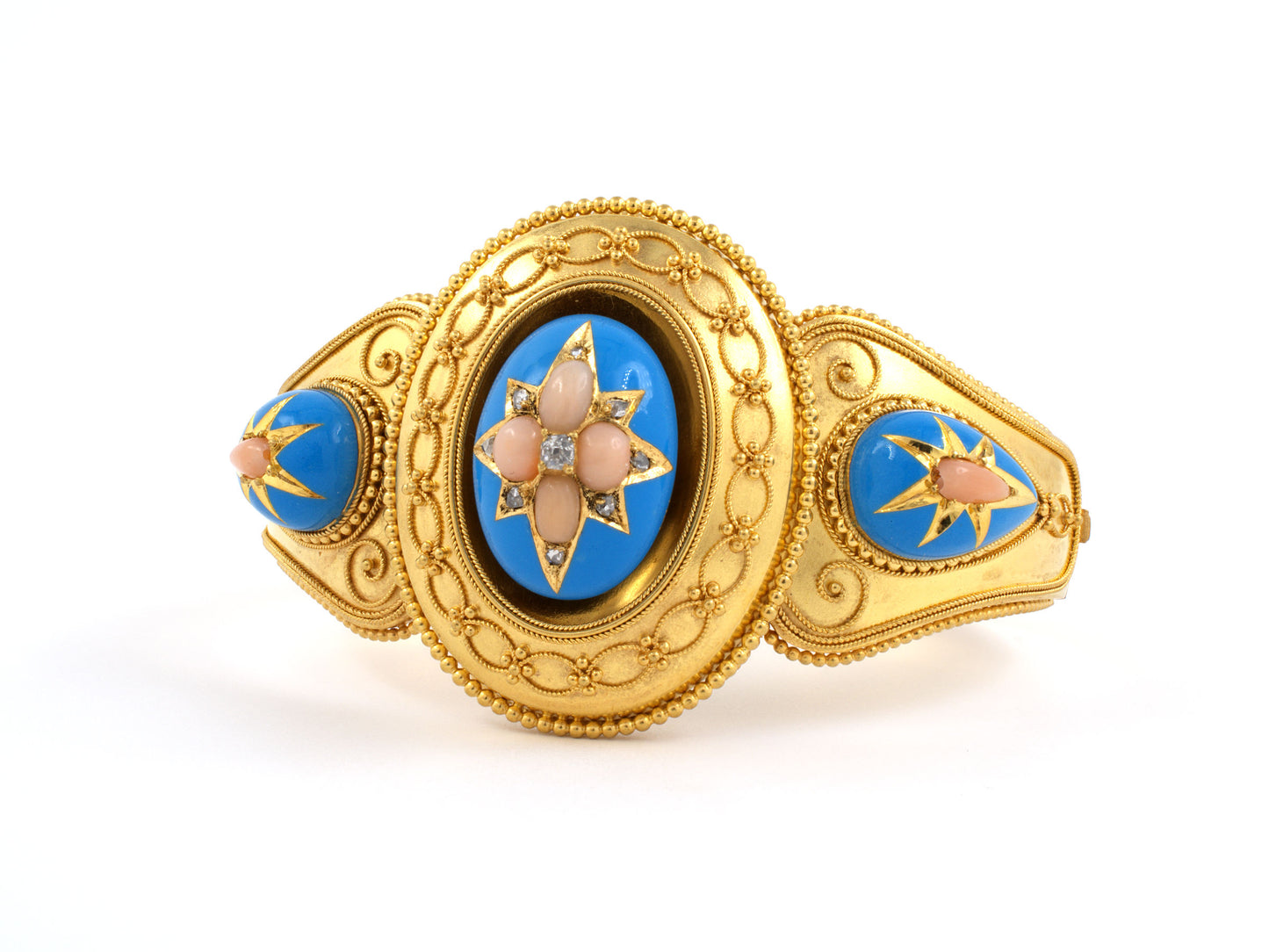 73494 - 18k Yg Diamond Rose Cut Diamond Coral Blue Enamel Victorian Etruscan Revival Beaded Wire Work Domed Locket Bangle Bracelet, 6