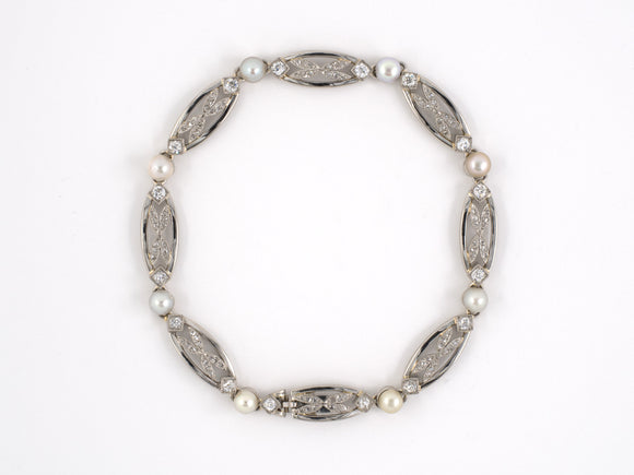 73550 - SOLD - Art Deco Circa 1920 Platinum Diamond GIA Natural Pearl Bracelet