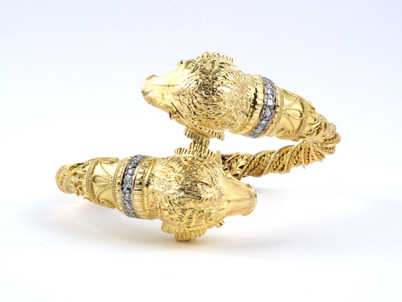 73570 - SOLD - Gold Diamond Ruby Carved Rams Head Bangle Bracelet