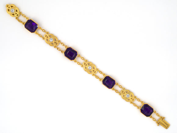73573 - Art Nouveau Victorian Gold Amethyst Diamond Carved Knot Link Bracelet
