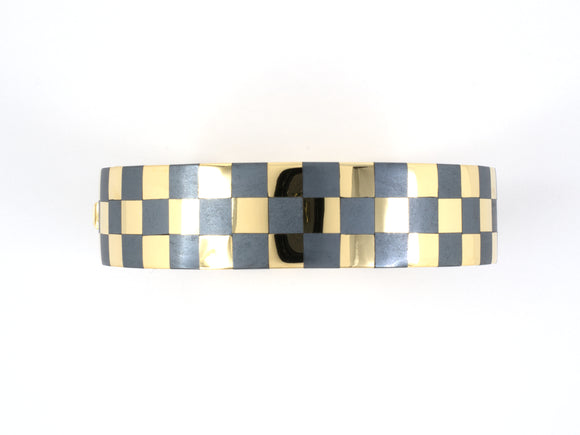 73596 - Circa 1983 Angela Cummings Gold Hematite Checkerboard Bangle Bracelet