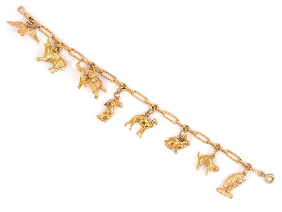73598 - SOLD - Circa 1950 Gold Ruby Animal Charm Bracelet
