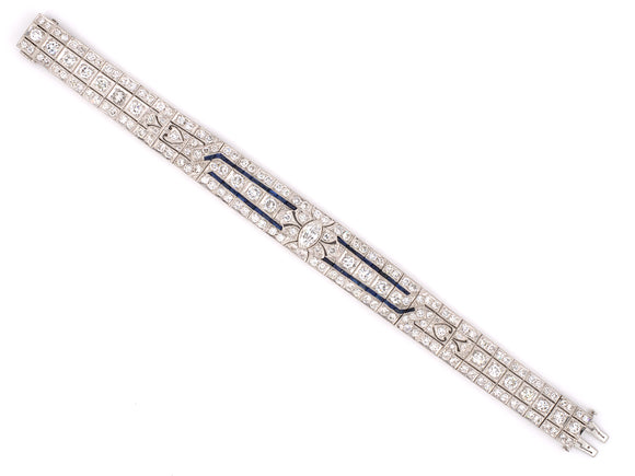 73602 - SOLD - Art Deco Platinum Diamond Calibre Sapphire 3 Row Bracelet