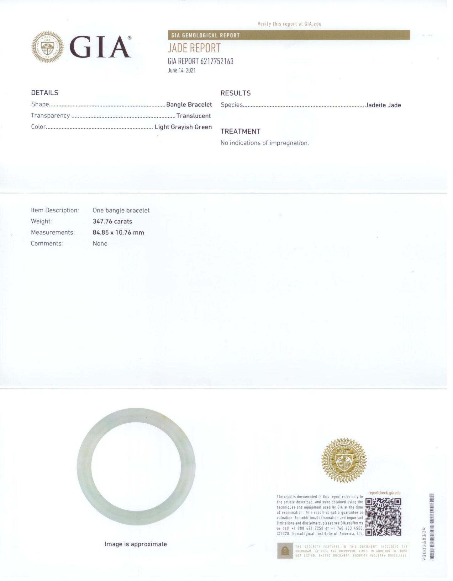 73616 - SOLD - Jadeite GIA Light Greyish Green Closed Tubular Bangle Bracelet